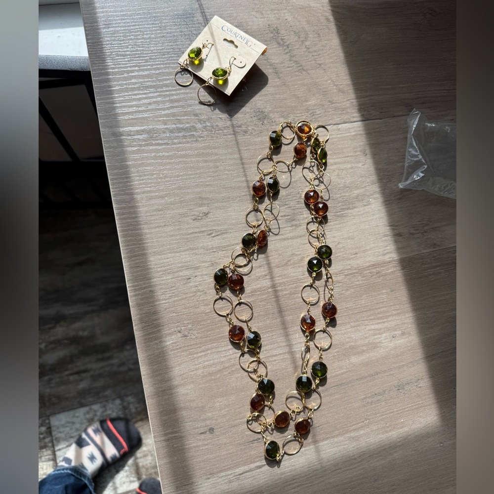 2 for $20 sale: Courtney G Necklace & Earrings green peridot and amber